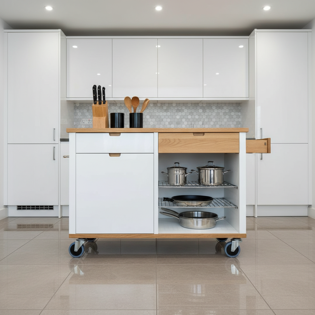 A custom-built kitchen storage trolley showcasing pristine white lacquered panels complemented by light oak accents, smooth-rolling chrome wheels, and organized modular compartments for utensils and cookware. The trolley is set against a polished, neutral-toned tile floor with flawless cabinetry and geometric backsplash in the environment. Bright, balanced artificial ceiling lights illuminate the space, enhancing a sense of cleanliness and attention to detail. The mood is efficient and welcoming, perfect for a premium kitchen supply business. Shot from eye-level with symmetrical framing and a minimalist, structured layout, achieving a clean, modern, and photographic look that underscores product quality and craftsmanship.