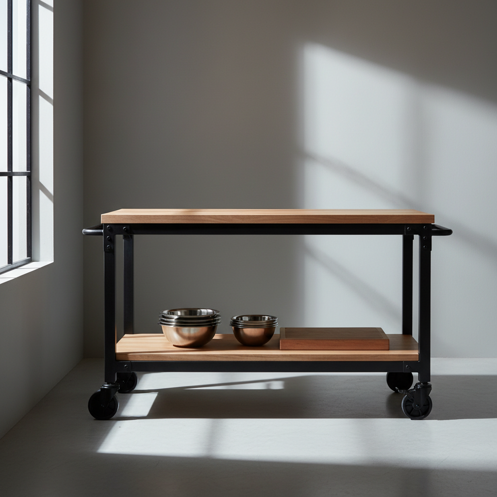 A spacious, dual-tiered kitchen prep trolley featuring a matte black metal frame and natural ash wood surfaces, engineered for heavy-duty functionality. The trolley stands against a backdrop of neutral painted walls, with a large window filtering cool morning light, causing soft highlights on the wood grain and deep, clean shadows beneath. The setting is uncluttered and organized, emphasizing the trolley's ample workspace and sturdy construction. The overall tone is composed and professional, aiming for an image of reliability and durability. Photographed from a side perspective with a slightly elevated viewpoint, the composition is clean, balanced, and sharply focused, aligning with a structured, corporate, photographic aesthetic.