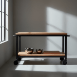 A spacious, dual-tiered kitchen prep trolley featuring a matte black metal frame and natural ash wood surfaces, engineered for heavy-duty functionality. The trolley stands against a backdrop of neutral painted walls, with a large window filtering cool morning light, causing soft highlights on the wood grain and deep, clean shadows beneath. The setting is uncluttered and organized, emphasizing the trolley's ample workspace and sturdy construction. The overall tone is composed and professional, aiming for an image of reliability and durability. Photographed from a side perspective with a slightly elevated viewpoint, the composition is clean, balanced, and sharply focused, aligning with a structured, corporate, photographic aesthetic.