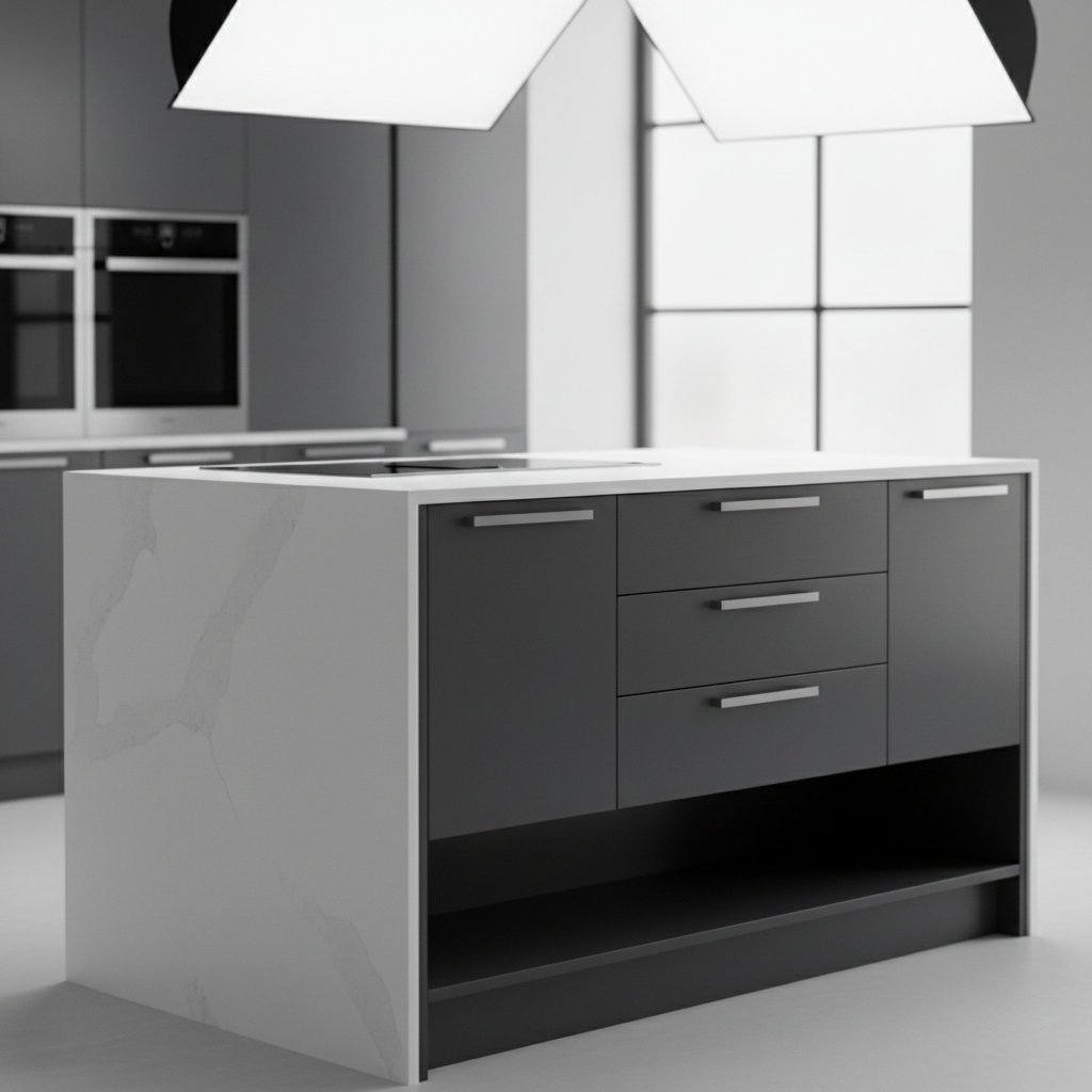A precision-crafted, dark charcoal kitchen cabinet trolley made from high-density MDF with a satin finish and integrated brushed aluminum drawer pulls. The trolley is placed adjacent to a sleek kitchen island with seamless edges and an inlaid induction cooktop, surrounded by uncluttered surfaces in soft grey and white tones. Gentle studio lighting softly wraps around the trolley, casting minimal shadows and creating a crisp, professional ambiance. The composition uses the rule of thirds to highlight functional design, with a sharp focus on the trolley while the rest of the kitchen subtly blurs into the background. This image conveys reliability, efficiency, and a structured, corporate style ideal for a modern kitchen business site.