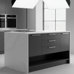 A precision-crafted, dark charcoal kitchen cabinet trolley made from high-density MDF with a satin finish and integrated brushed aluminum drawer pulls. The trolley is placed adjacent to a sleek kitchen island with seamless edges and an inlaid induction cooktop, surrounded by uncluttered surfaces in soft grey and white tones. Gentle studio lighting softly wraps around the trolley, casting minimal shadows and creating a crisp, professional ambiance. The composition uses the rule of thirds to highlight functional design, with a sharp focus on the trolley while the rest of the kitchen subtly blurs into the background. This image conveys reliability, efficiency, and a structured, corporate style ideal for a modern kitchen business site.