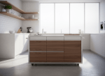 A sleek, high-end modular kitchen trolley crafted from brushed stainless steel and matte walnut wood, featuring smooth, handle-free cabinet faces and soft-close drawers. The trolley is positioned elegantly in the center of a contemporary kitchen with clean white quartz countertops and minimalist shelving in the background. Soft, diffused daylight enters through large glass windows, creating gentle shadows and subtle highlights on metal edges, emphasizing the trolley's premium texture. The overall mood is calm, organized, and professional, with a sense of sophistication. Captured from a slightly elevated angle, framed with balanced composition and sharp focus throughout, evoking a photographic realism that suits a corporate, modern business aesthetic for a kitchen solutions website.